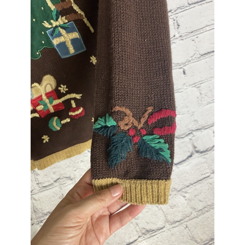 Vtg Nutcracker Brown Embroidered Ugly Christmas Tree Bear Sweater Women's LARGE - Picture 9 of 12